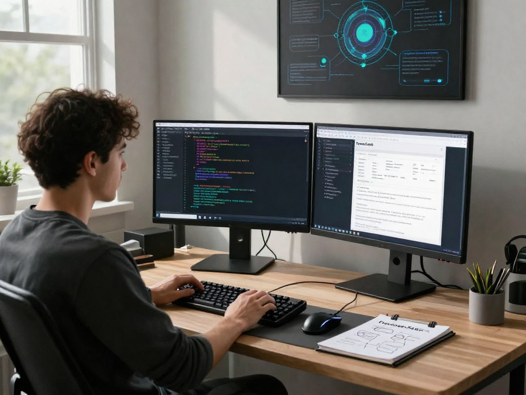 A tech workspace showcasing a Tornado Cash developer coding in a modern office, highlighting privacy protocols in a professional setting.