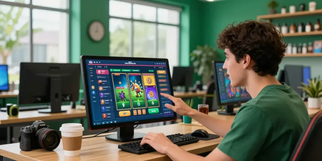 Engaging PESGSLOT gaming clinic scene with touchscreen slot game interaction.
