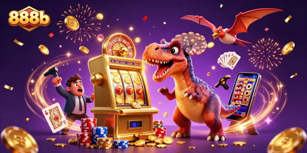 Experience 888b excitement as dinosaurs celebrate slot machine jackpots with flying coins.