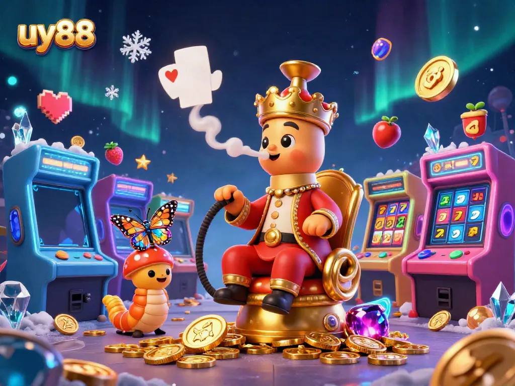 Experience thrilling gaming with uy88 where a vibrant caterpillar hookah-master presides over a colorful casino scene.