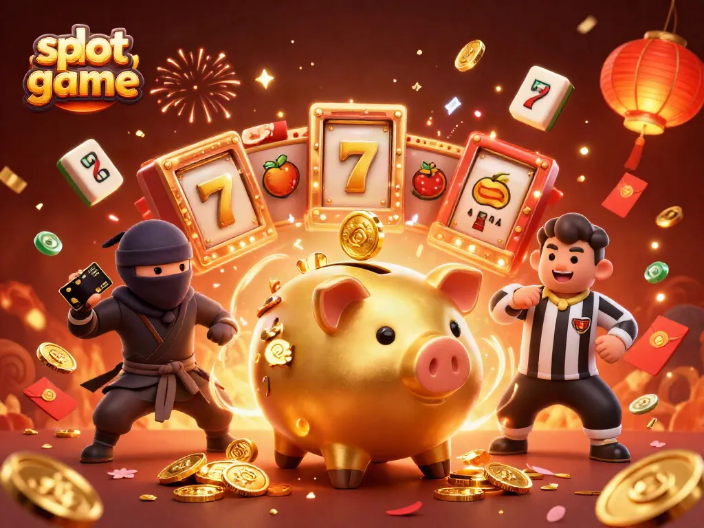 Engage with dynamic slot game action featuring a golden piggy bank sumo wrestler and colorful elements.