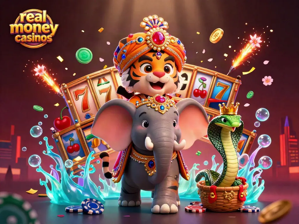 Experience the thrill at real money casinos with a vibrant 3D casino scene featuring colorful slot reels.