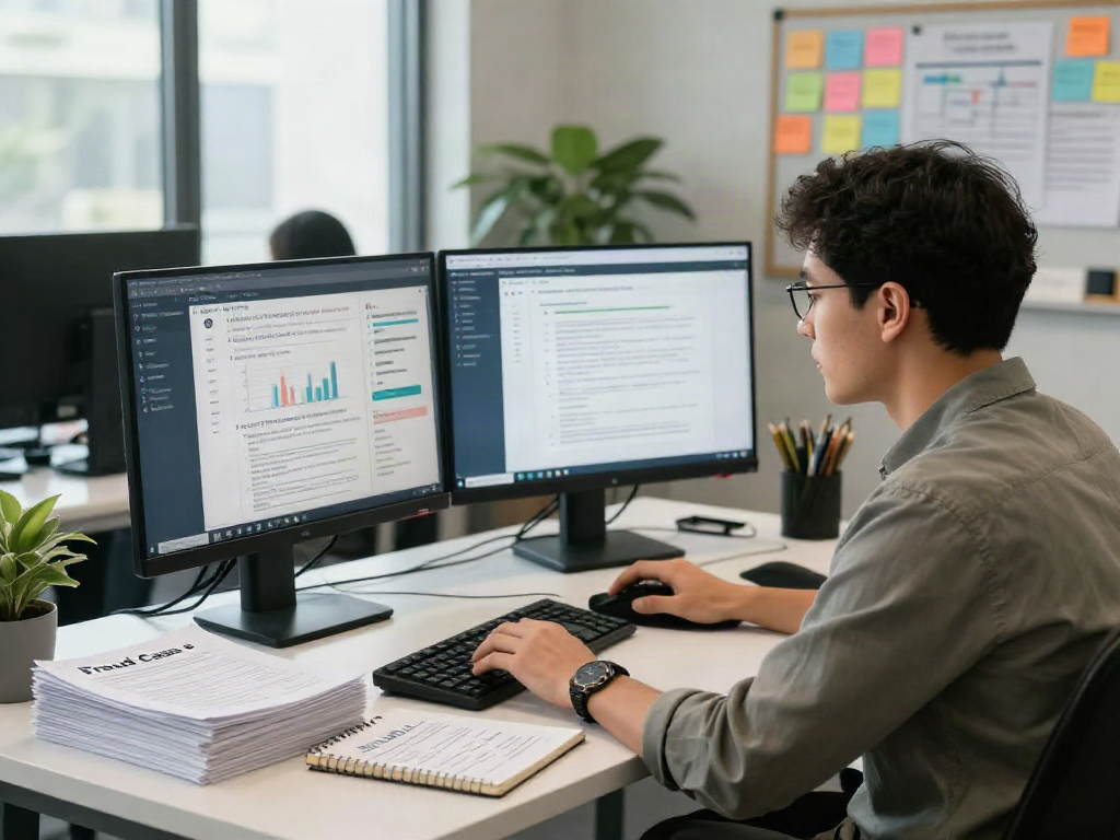 Data analyst using document fraud detection software in a modern office setting with digital dashboards, emphasizing technology and analysis.