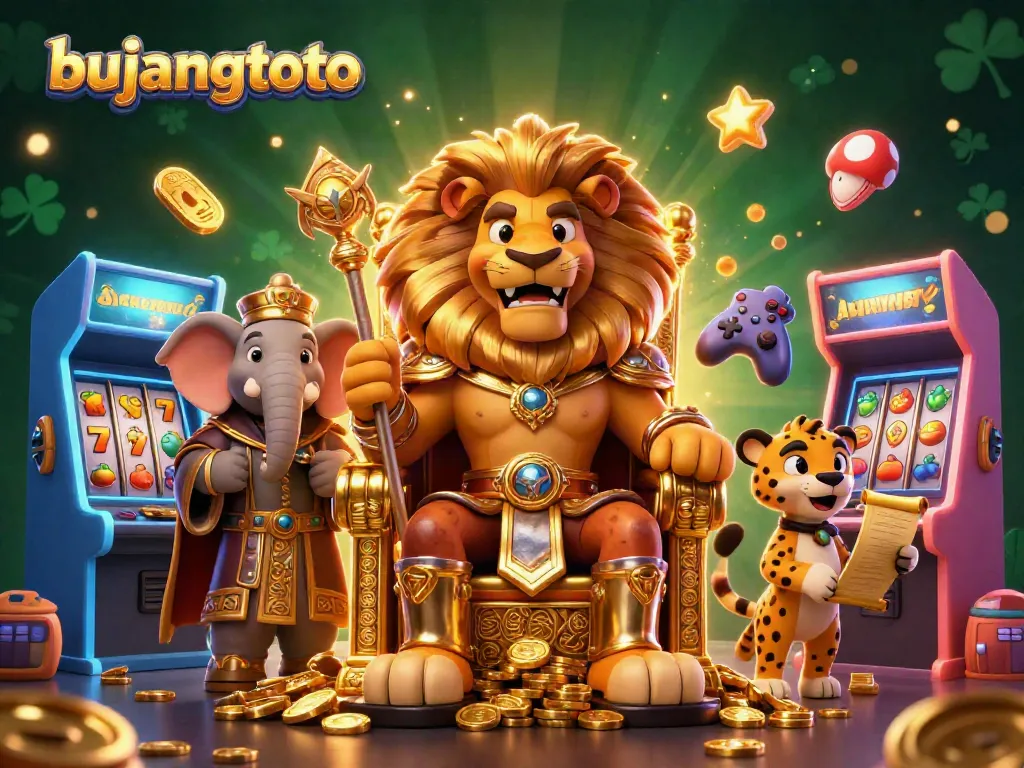 Bujangtoto gaming scene featuring a lion king and magical casino elements.