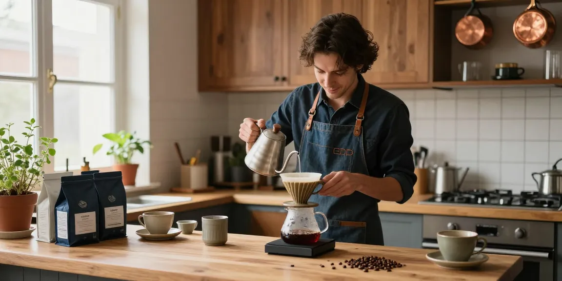 Crafting delicious coffee with Ebb filter in upcycled denim apron at www.ebbfilter.com