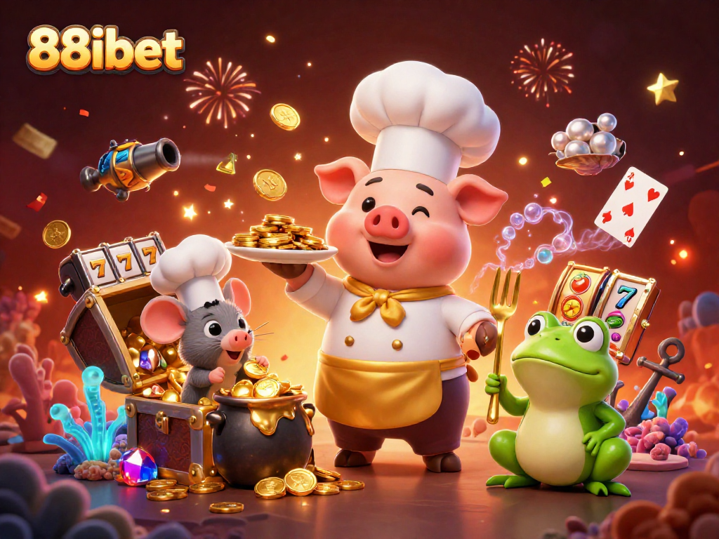 Engage with 88ibet through an exciting 3D illustration showcasing pig chef and golden treasures.