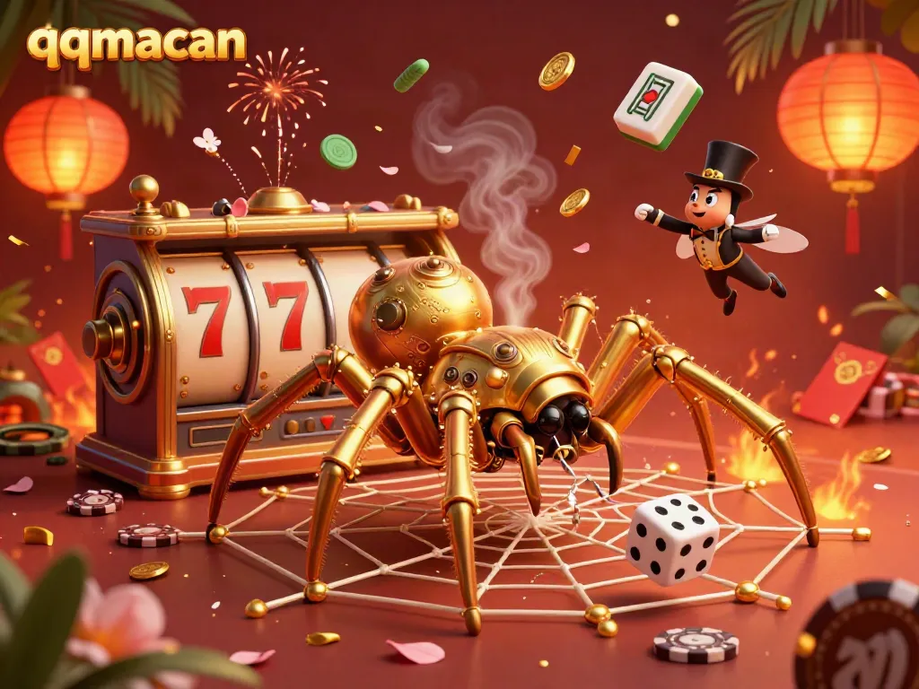 Engage in the vibrant qqmacan gaming world with a steampunk spider and a fly gentleman amid colorful slot elements.
