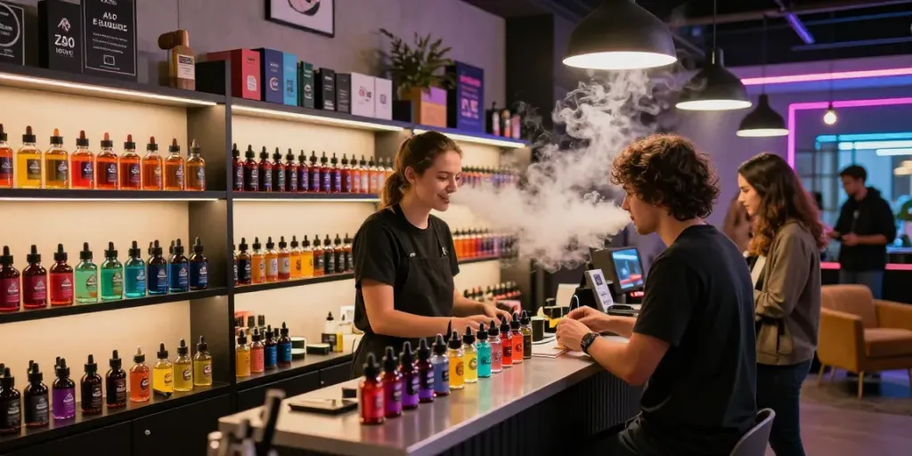 Shop interior featuring Alt Zero E-Liquid 100mls on display with customers engaging.