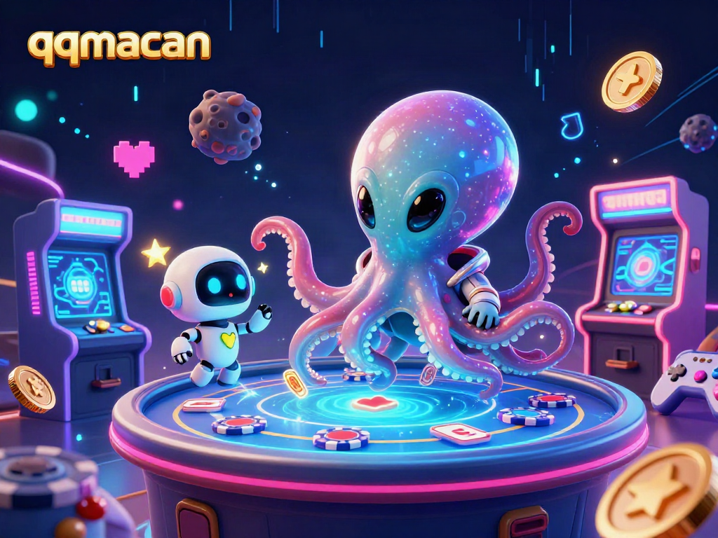 Experience thrilling poker action with qqmacan’s lively alien octopus dealer at a holographic table.