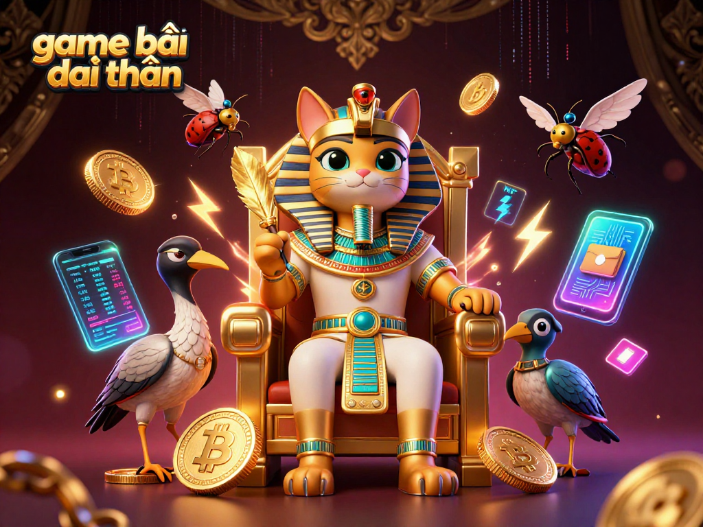 Experience the thrill of game bài đổi thưởng with a dynamic pharaoh cat and crypto symbols