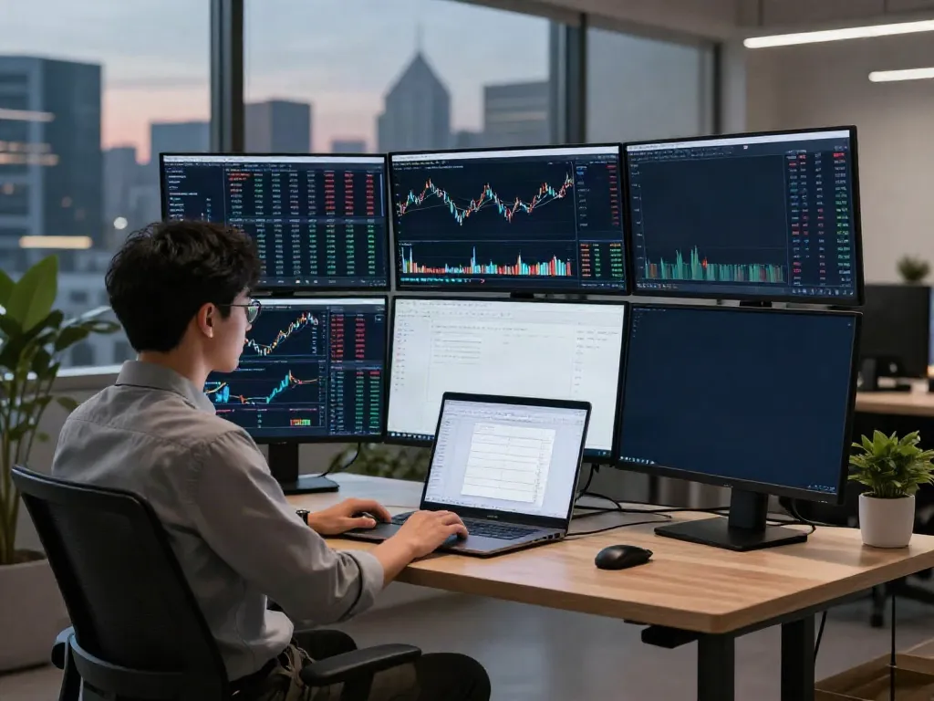 股票API integrated into a professional crypto trading setup with real-time market data and DeFi tools.