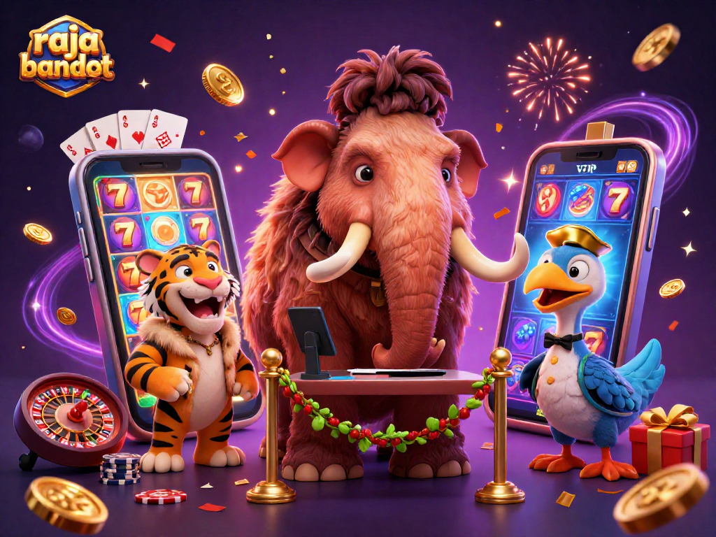 Gambar ilustrasi 3D raja bandot menampilkan bouncer mamut, tamu harimau, dan porter burung dodo dalam suasana kasino.