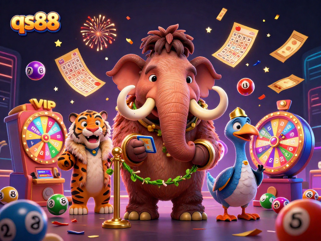 Experience excitement at qs88 with colorful lottery balls, a VIP saber-tooth tiger, and engaging casino elements.