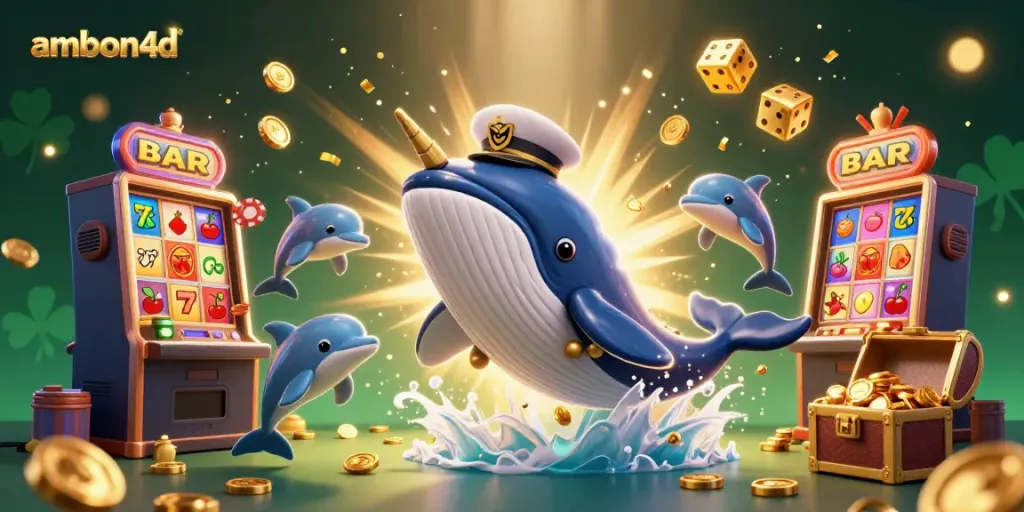 Experience the thrill of gaming with ambon4d in this vibrant 3D casino scene filled with characters and jackpot elements.