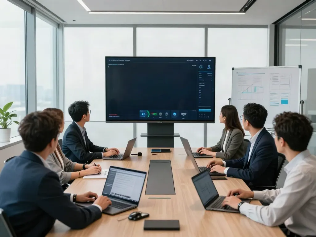 Deepfake free meetings in a modern conference room with diverse colleagues collaborating.