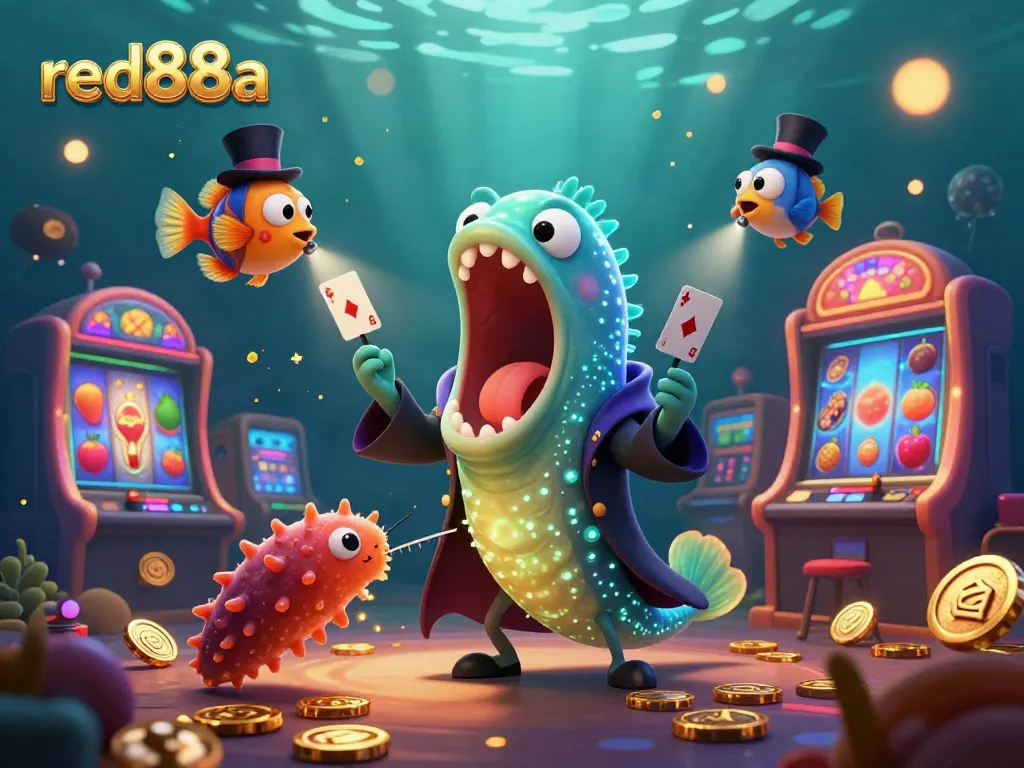 Experience card tricks in the magical underwater world of red88a, where vibrant slots and glowing coins create excitement.
