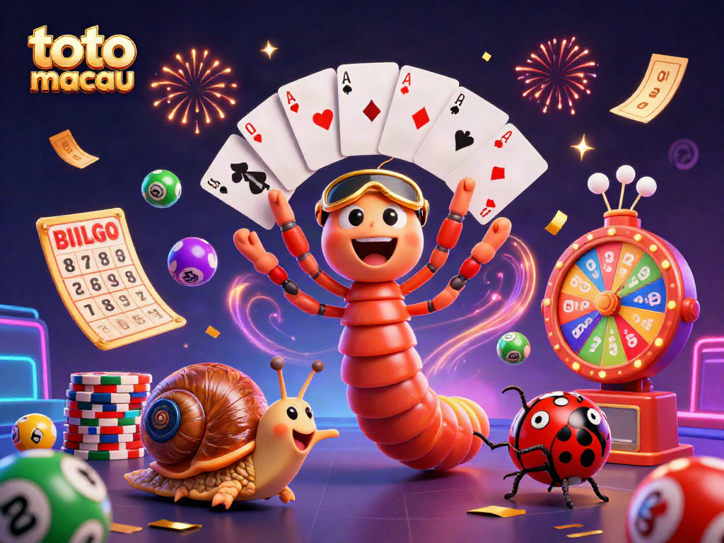 Menampilkan toto macau, dealer milipede kartun dengan kartu dan karakter ceria di kasino yang penuh warna