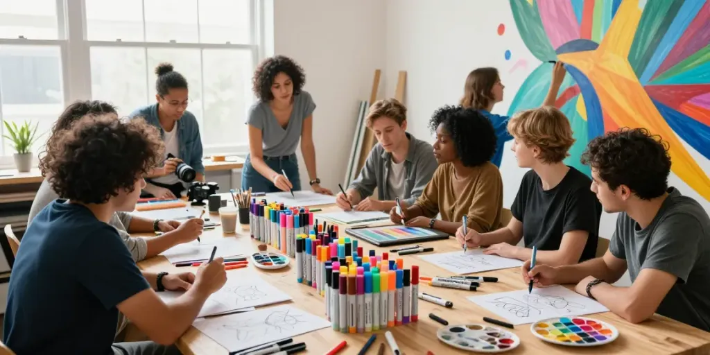 Marker pen supplier showcasing artists collaborating with vibrant colors in a creative workspace