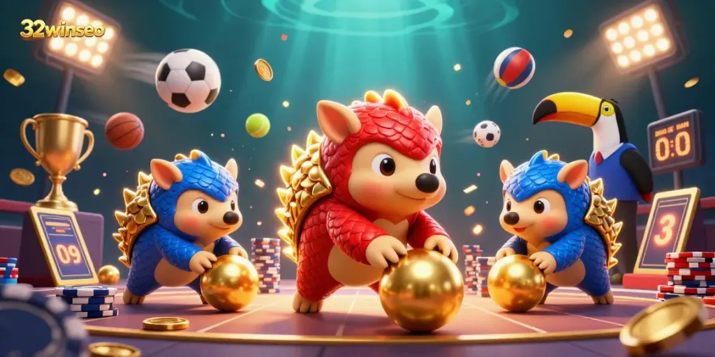 Engage in thrilling moments at 32winseo with pangolins rolling golden balls in a vibrant casino setting.