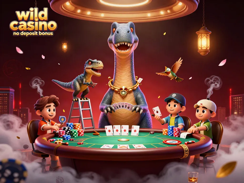 Engage with the wild casino no deposit bonus as a dinosaur dealer captivates players at a lively poker table.