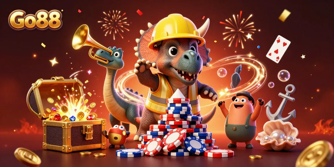 Experience the thrill of Go88 with vibrant 3D characters celebrating a poker-themed illustration.