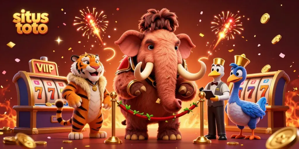 Engaging scene showcasing situs toto with a woolly mammoth bouncer, saber-tooth tiger guest, and lively casino elements.