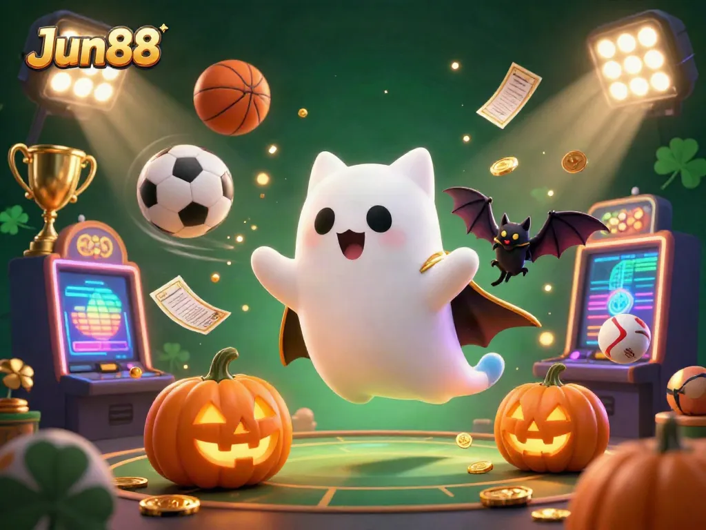 Engaging illustration of Jun88's ghost cat navigating a lively casino with sports elements, glowing coins and vibrant lights.