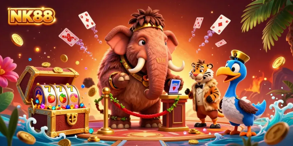 Engage with dynamic NK88 casino scene featuring a woolly mammoth bouncer and vibrant gaming elements.