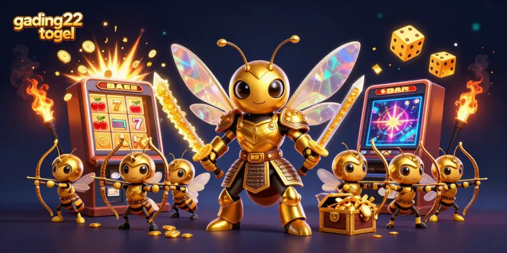 Experience the excitement of gading22 togel with dynamic casino-themed visuals featuring colorful slot machines and prizes.