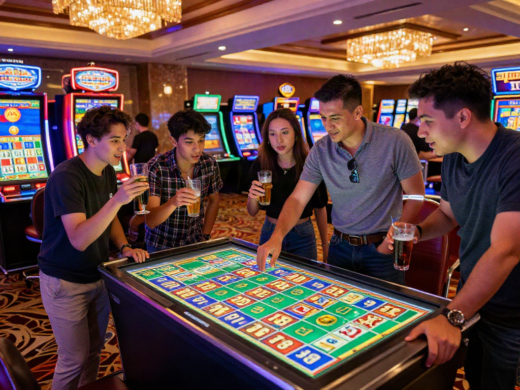 Friends celebrating around digital screen with toto 4d results in vibrant casino atmosphere