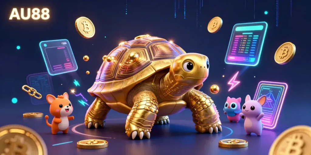 Experience the thrilling world of AU88 with a grand tortoise pinball machine and crypto elements flying around.