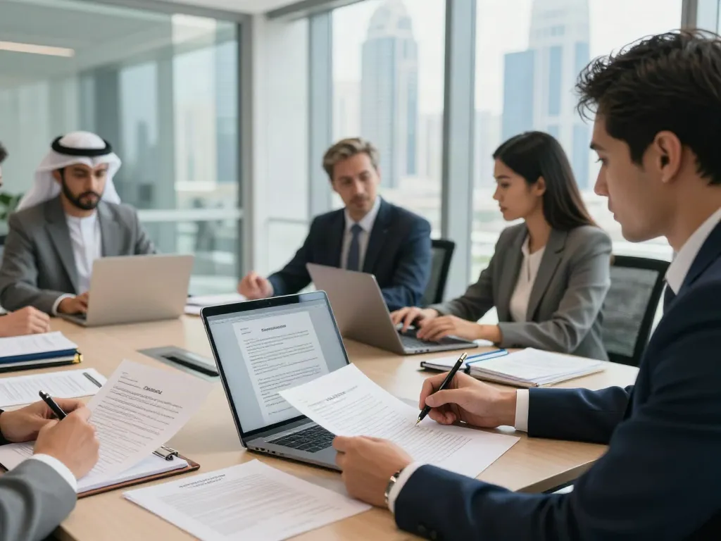 Contracts Drafting Services in Dubai illustrated in a vibrant office scene with professionals engaged in collaborative discussions over legal documents.