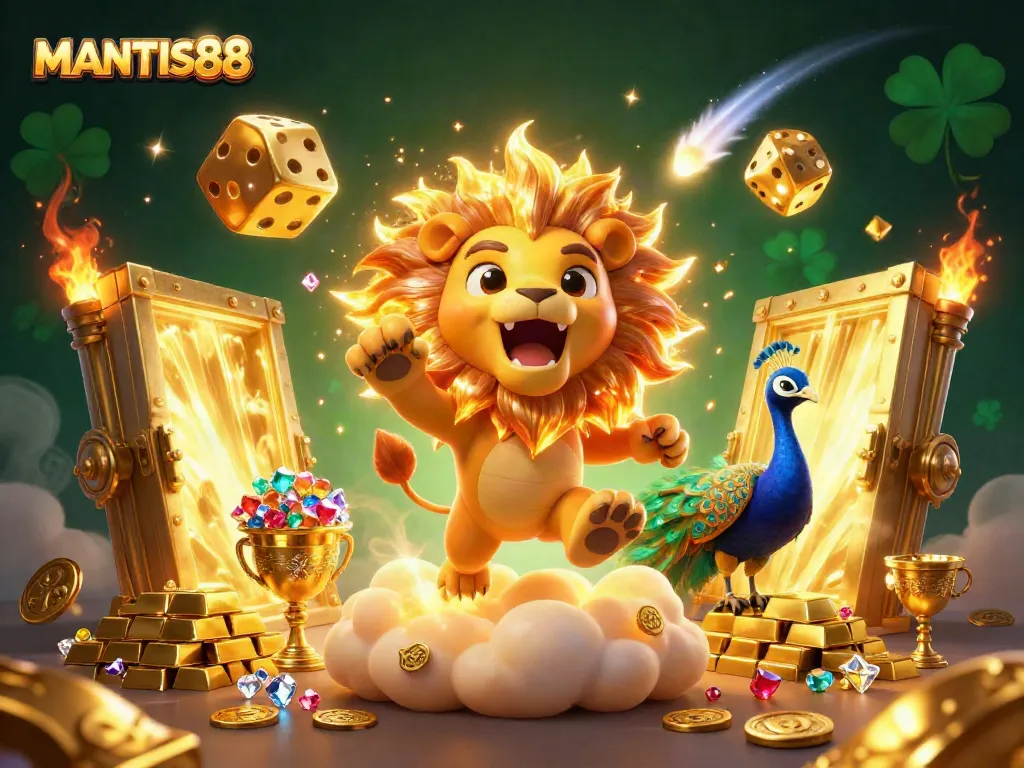 MANTIS88 showcases a roaring sun lion on golden clouds amid vibrant gambling elements, emphasizing luxury and excitement.