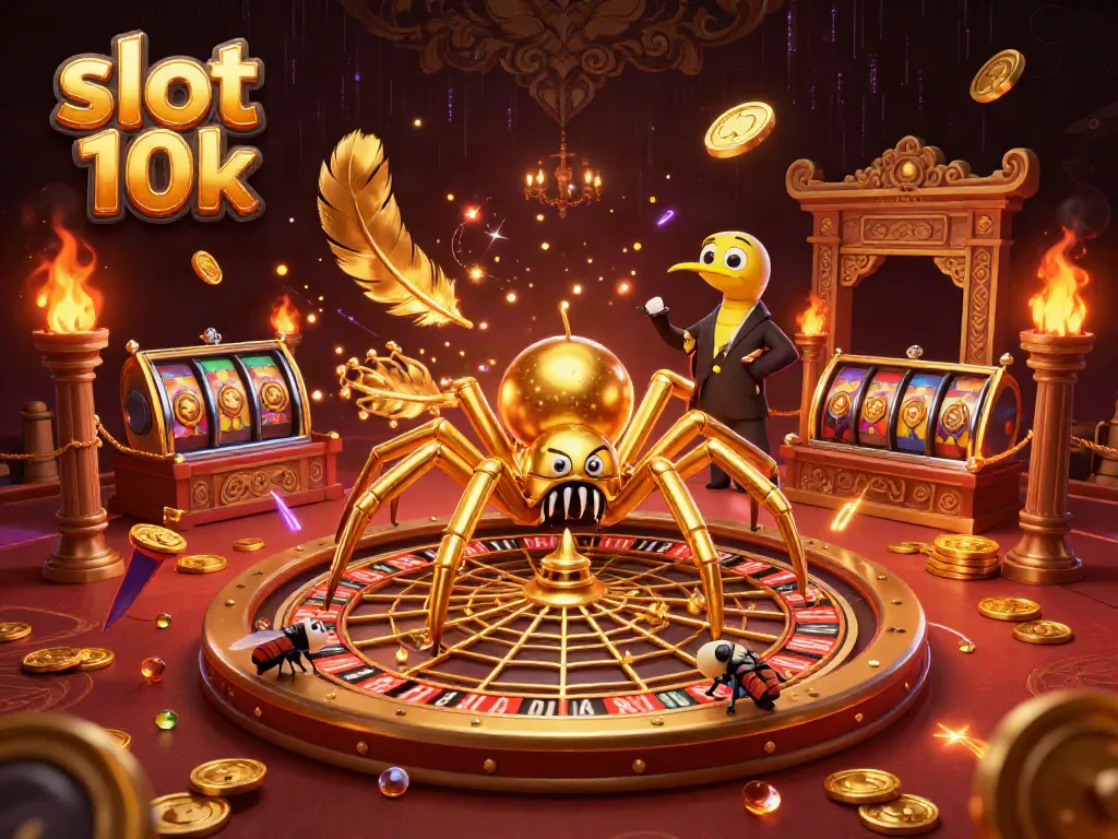 Engaging scene depicting slot 10k themed illustration with a golden spider, croupier, and vibrant casino elements.