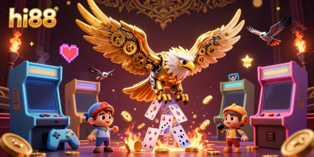 Experience the thrill of hi88 as a cybernetic eagle dives through holographic cards in a vibrant casino scene.