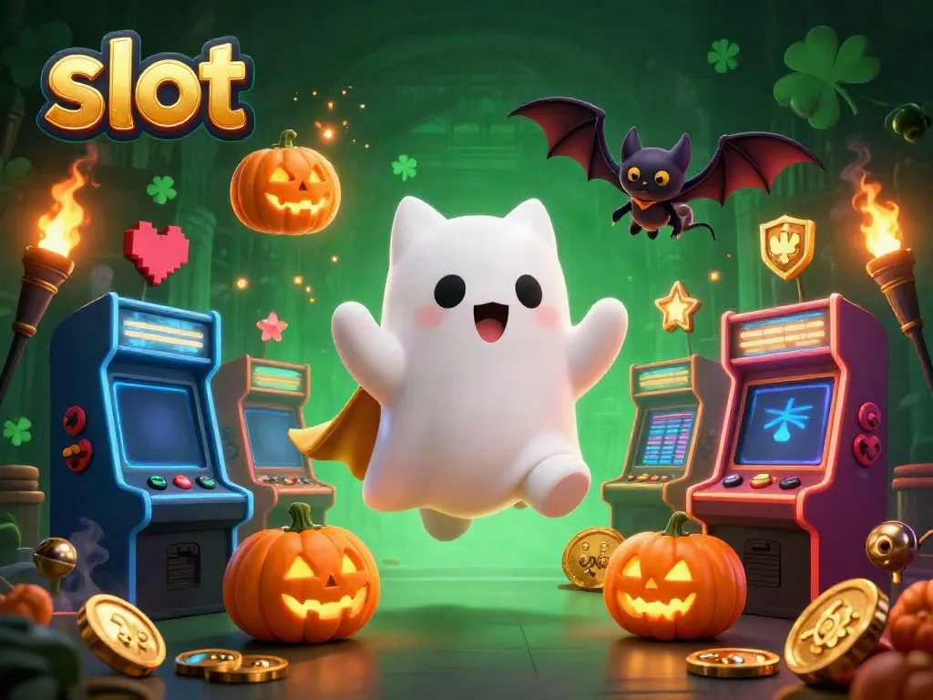 Slot yang menyenangkan dengan karakter kucing hantu dan kelelawar, dikelilingi mesin game di kasino berhantu.