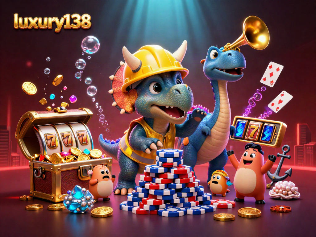 luxury138 menampilkan ilustrasi kasino 3D dengan karakter dino dan chip poker yang berlimpah.