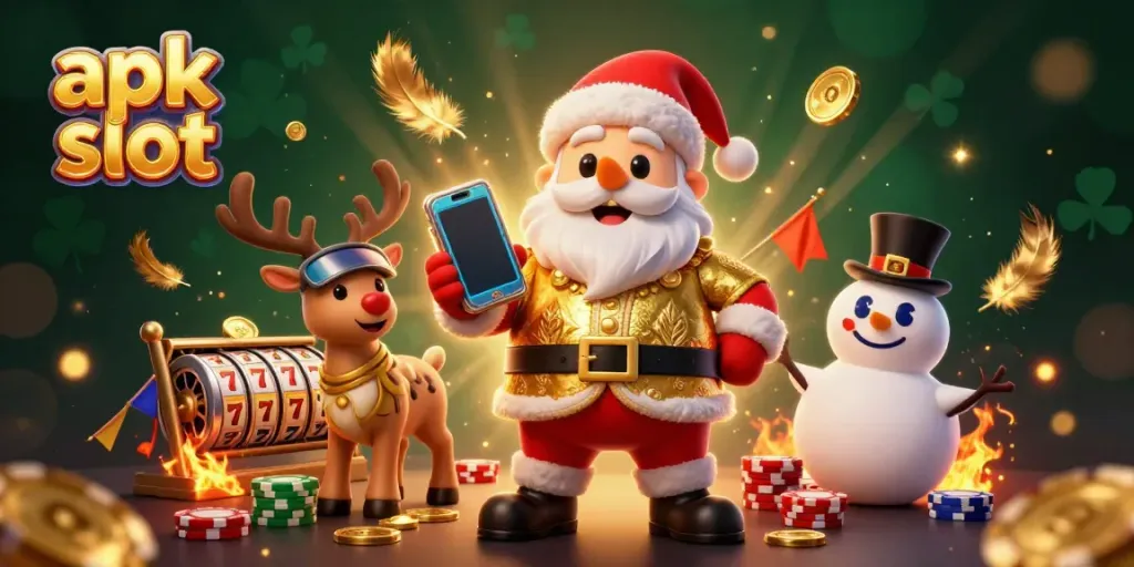 Experience apk slot action with Santa Claus and characters in a festive casino-themed scene.