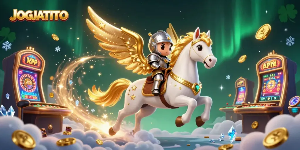 Experience vibrant casino action with JOGJATOTO, featuring a celestial horse and knight amidst gambling excitement.