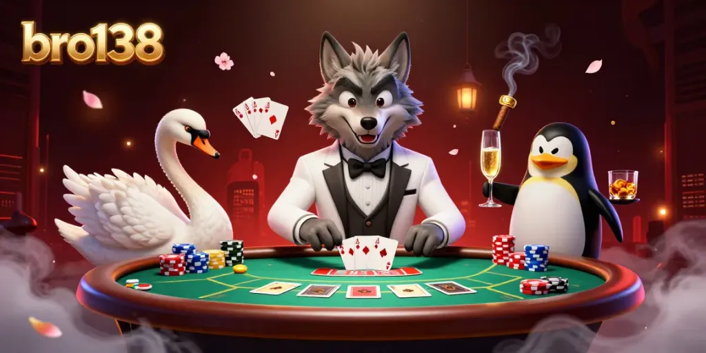 Engage in thrilling gameplay with bro138 featuring a debonair wolf, elegant swan, and penguin sommelier