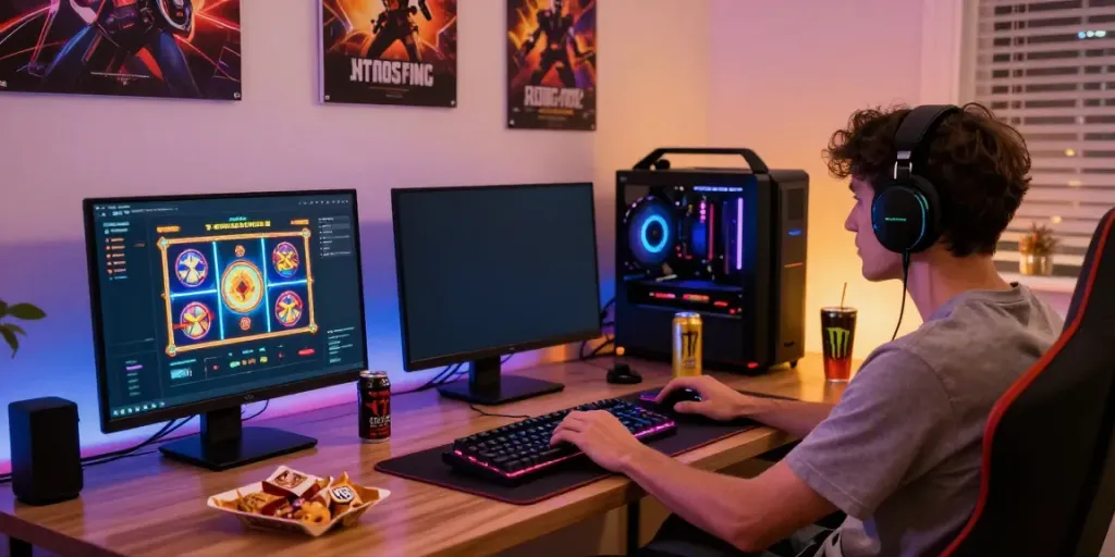 Gamer engaged in a colorful game online in a cozy home office.