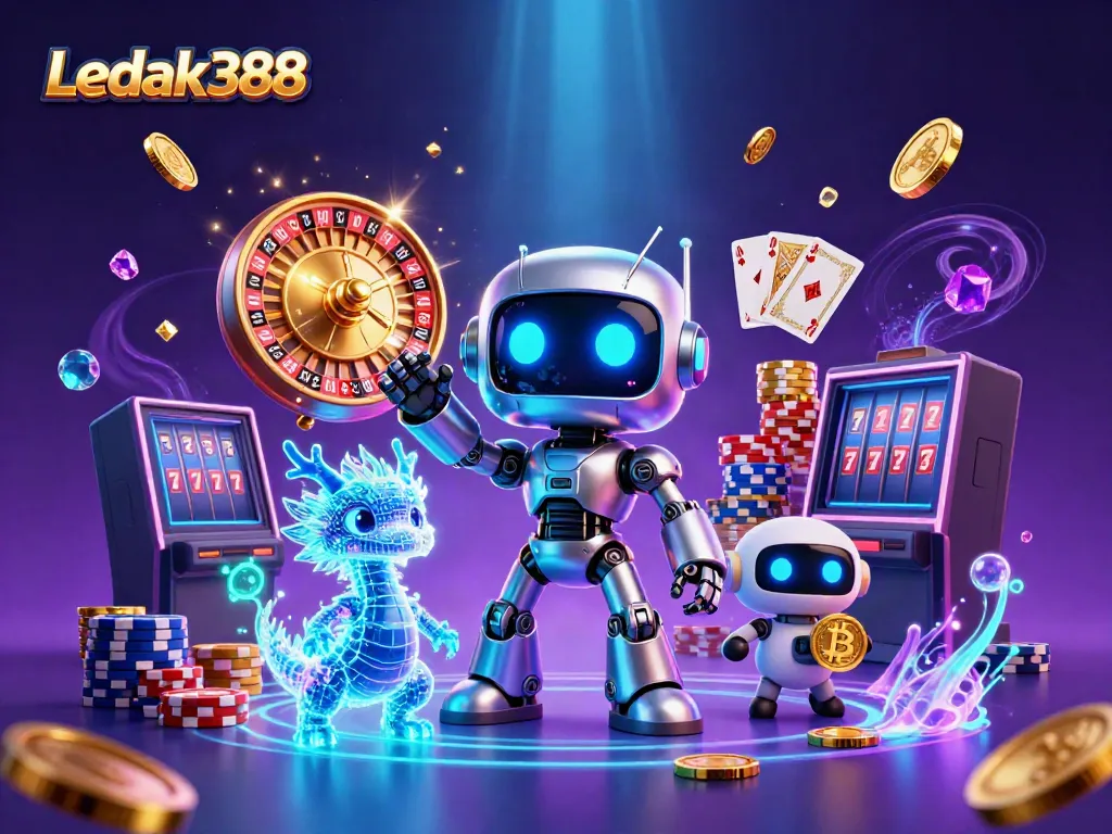 Boost your winnings at Ledak388 with an exciting, vibrant gambling scene showcasing fun characters and casino elements.