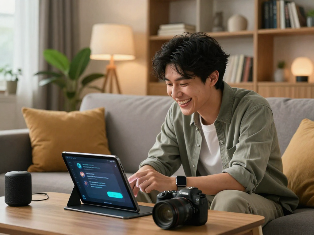 A young adult engaging with an ai chat nsfw interface on a tablet in a cozy living room, surrounded by tech gadgets and warm ambiance.