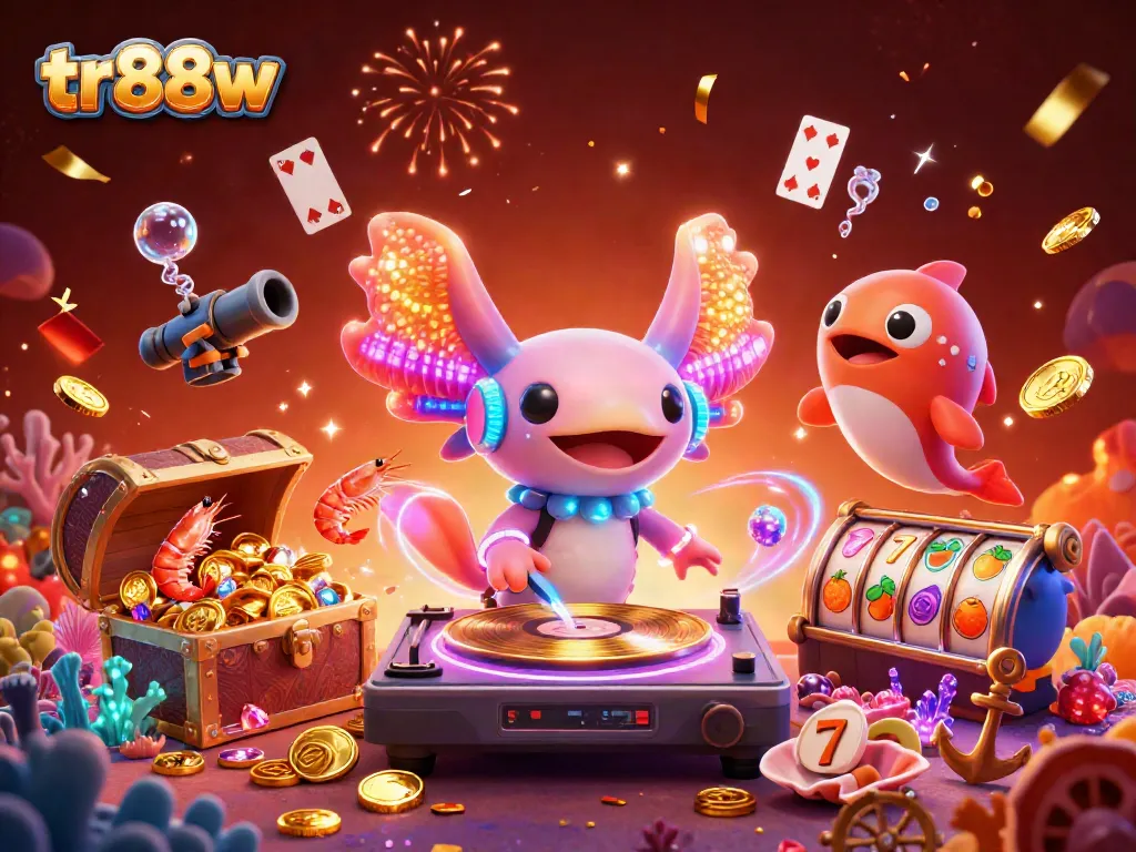 Bet on tr88w with a vibrant underwater casino scene featuring a DJ axolotl and dancing sea creatures.