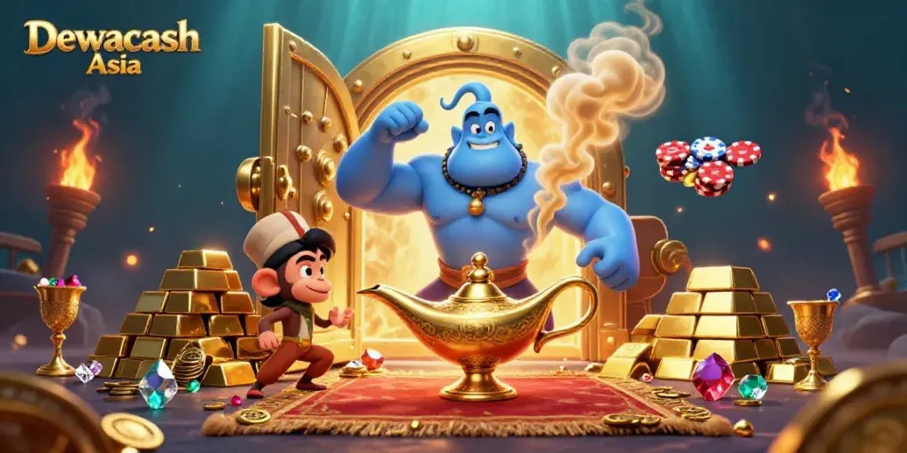 Dewacash Asia promotes winning with an energetic casino scene featuring a genie, monkey, and treasure.