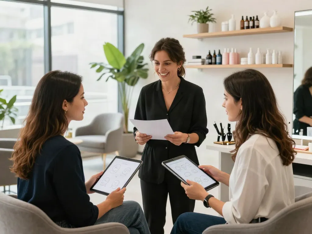 Engaging consultation in a beauty salon discussing alternatives to QOVES services.