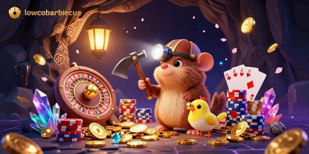 Experience the excitement of lowcobarbecue with golden coins cascading and vibrant game elements in this dynamic illustration.