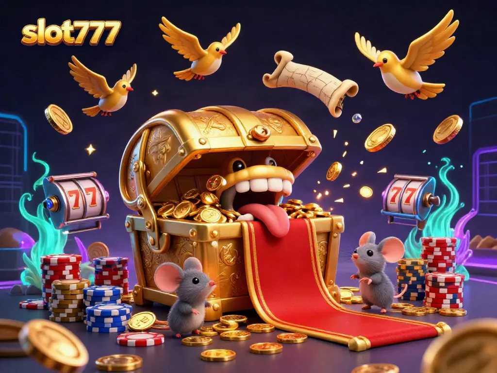 Experience slot777 excitement with a treasure chest and animated slot reels amidst sparkling gems.