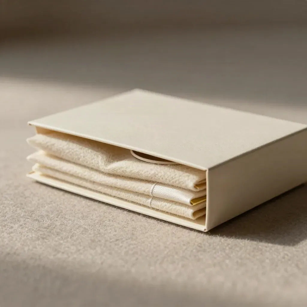 Ivory label pack sleeves, pouch wraps, and ribbon reels nestled in folded wool, macro close-up.