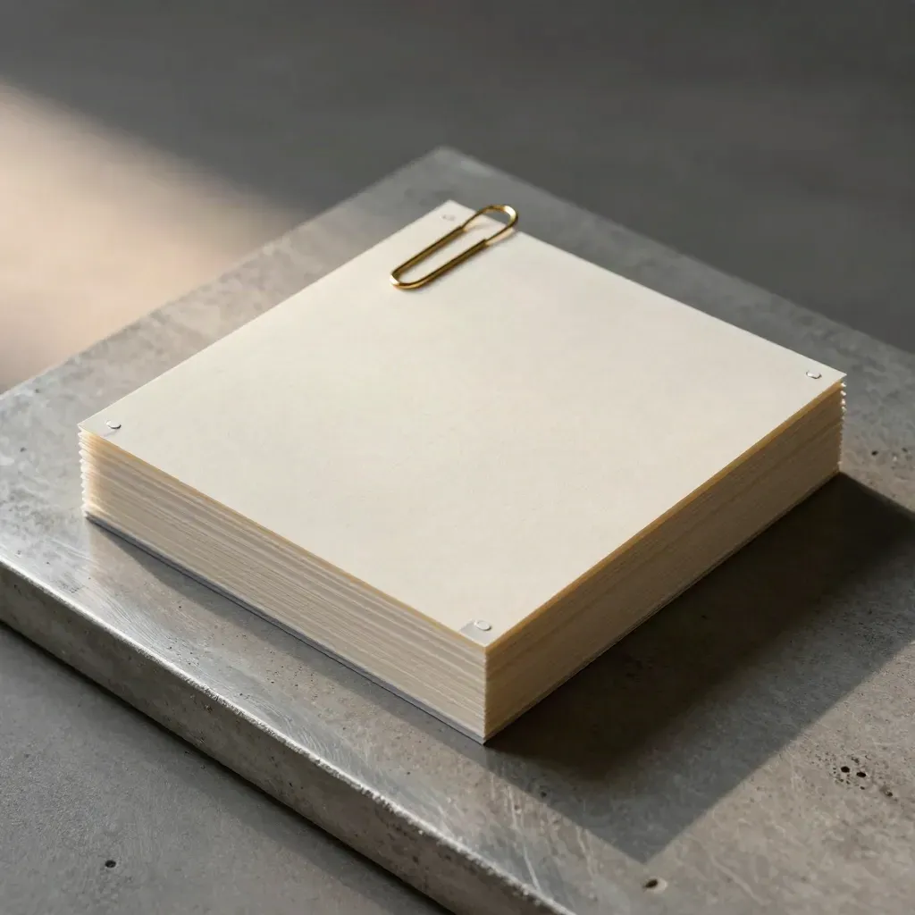 Overhead flatlay of a premium pitch deck stack with ivory boards, brass clip, and separators.